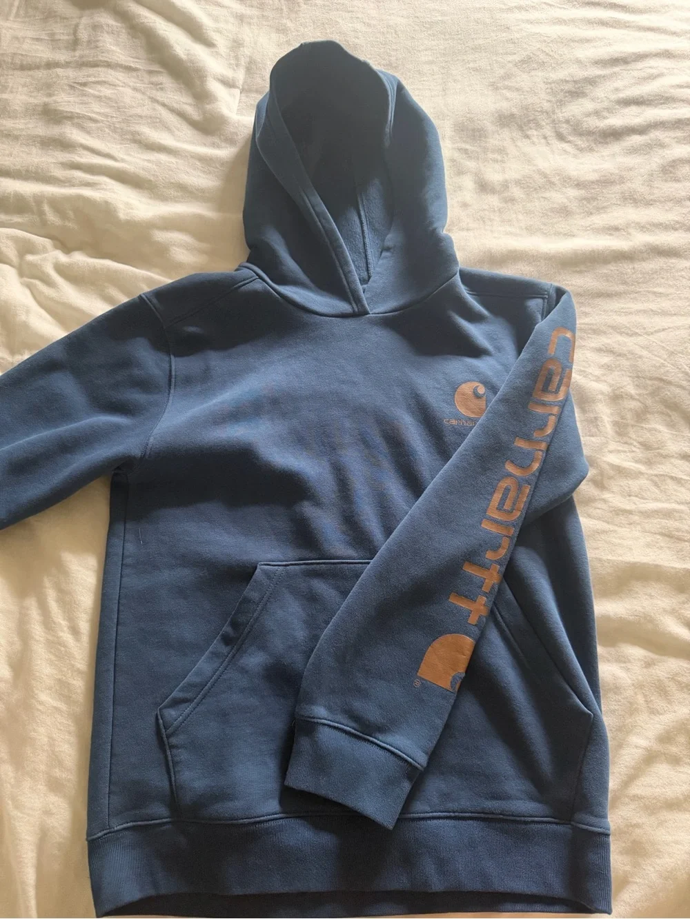 Carhartt Men's Navy Blue Hoodie with Tan Sleeve Logo